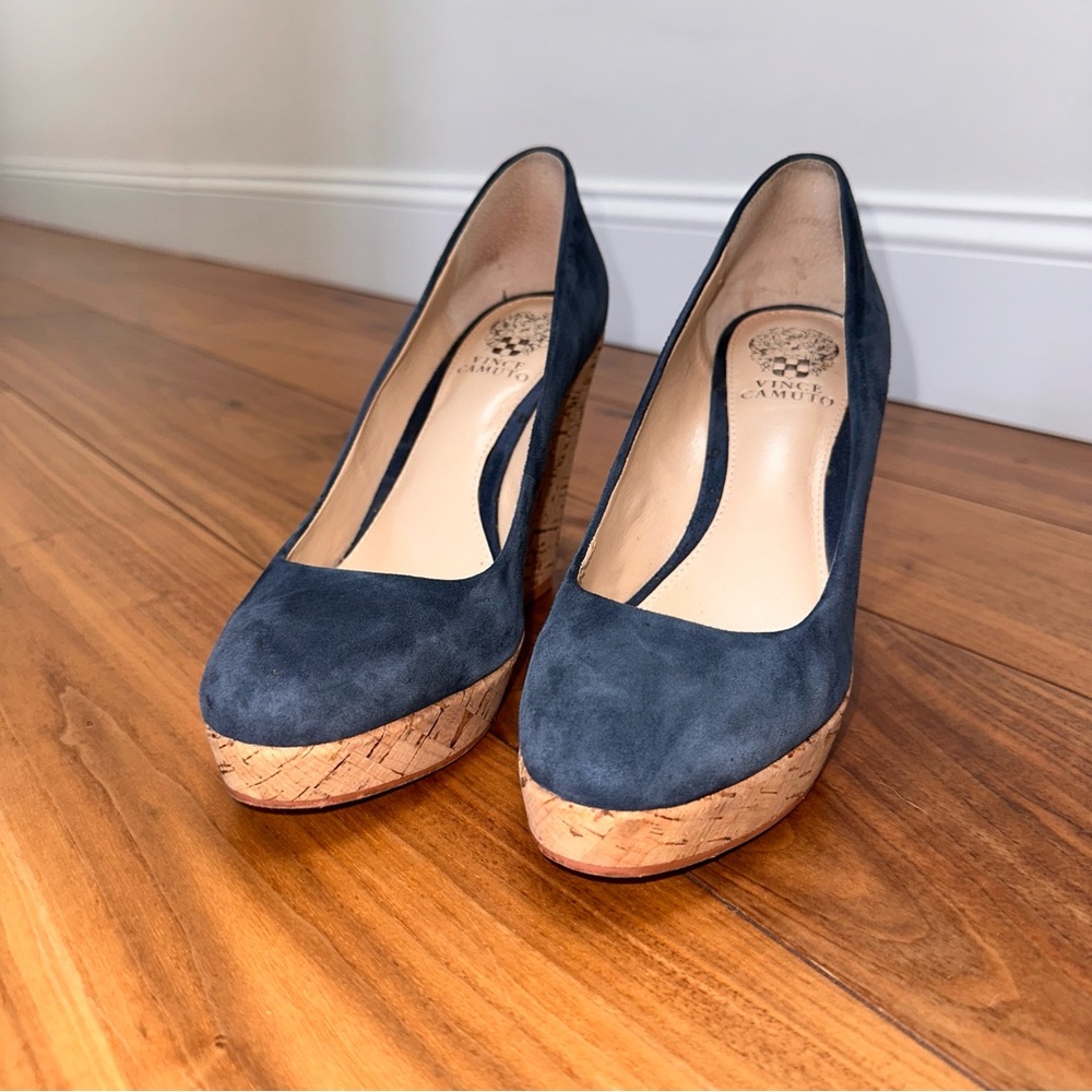 Vince Camuto Blue Suede and Cork Platforms